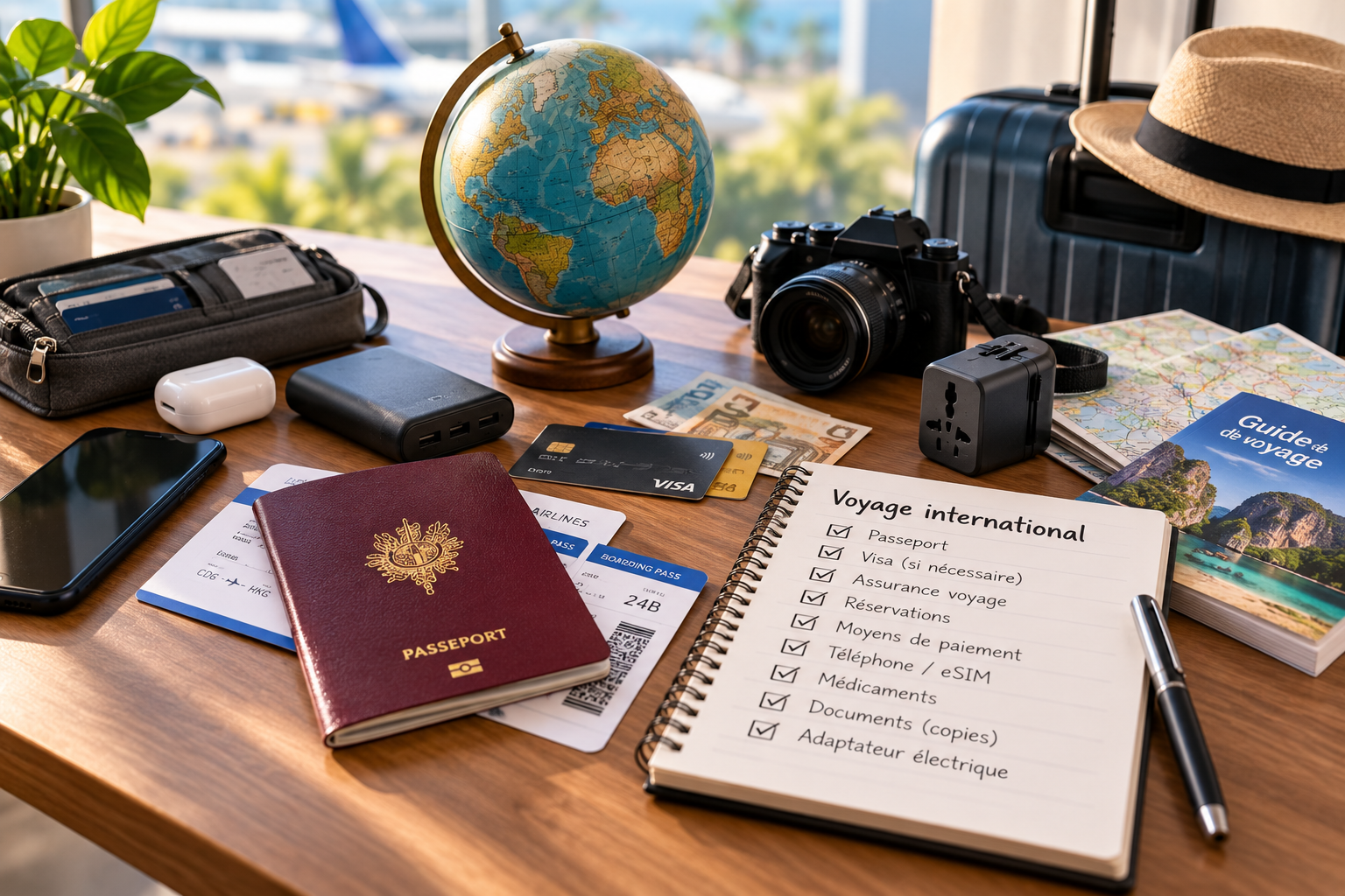 Essentiels préparés pour un voyage international.