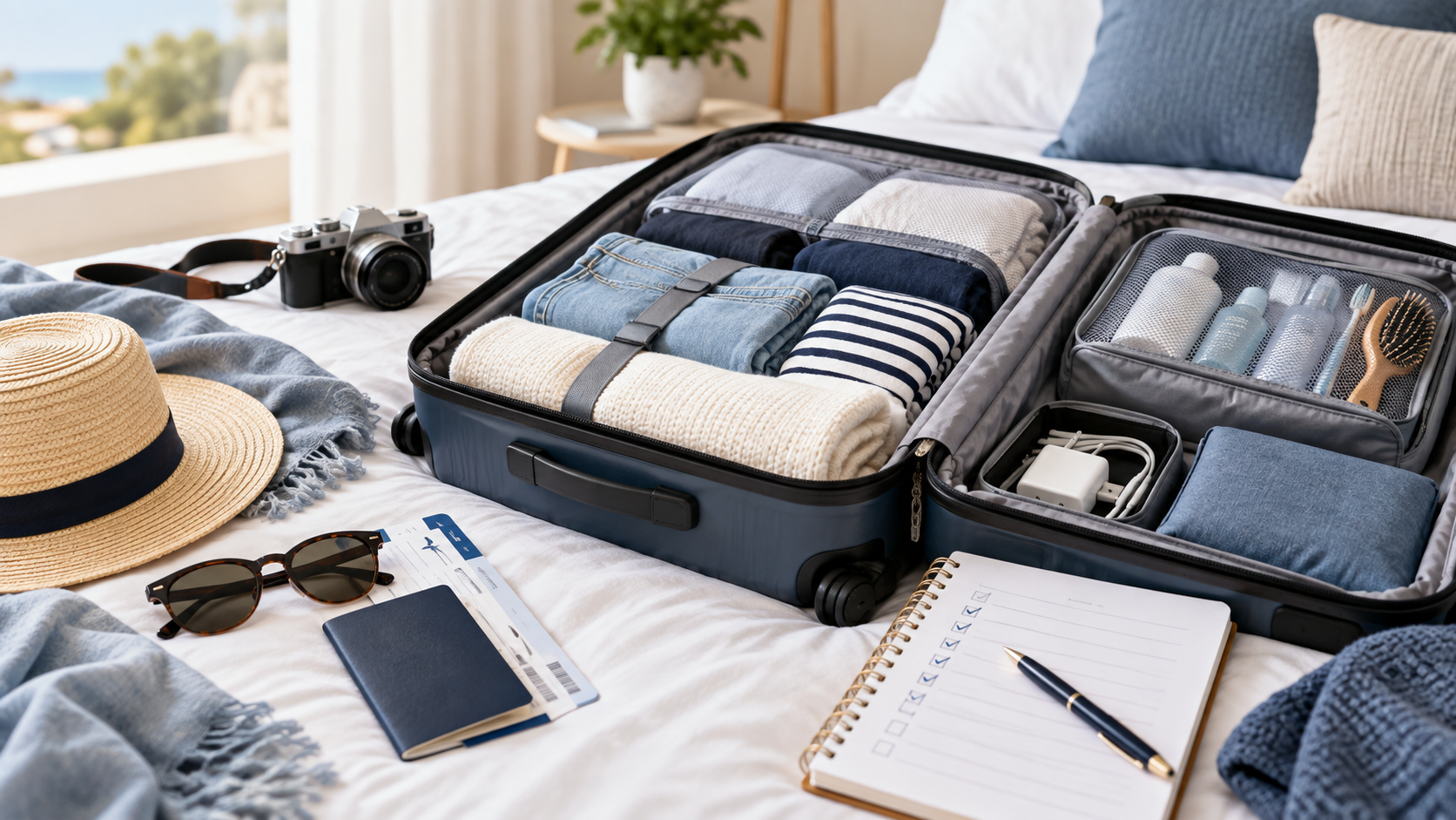 Valise ouverte préparée pour un voyage.