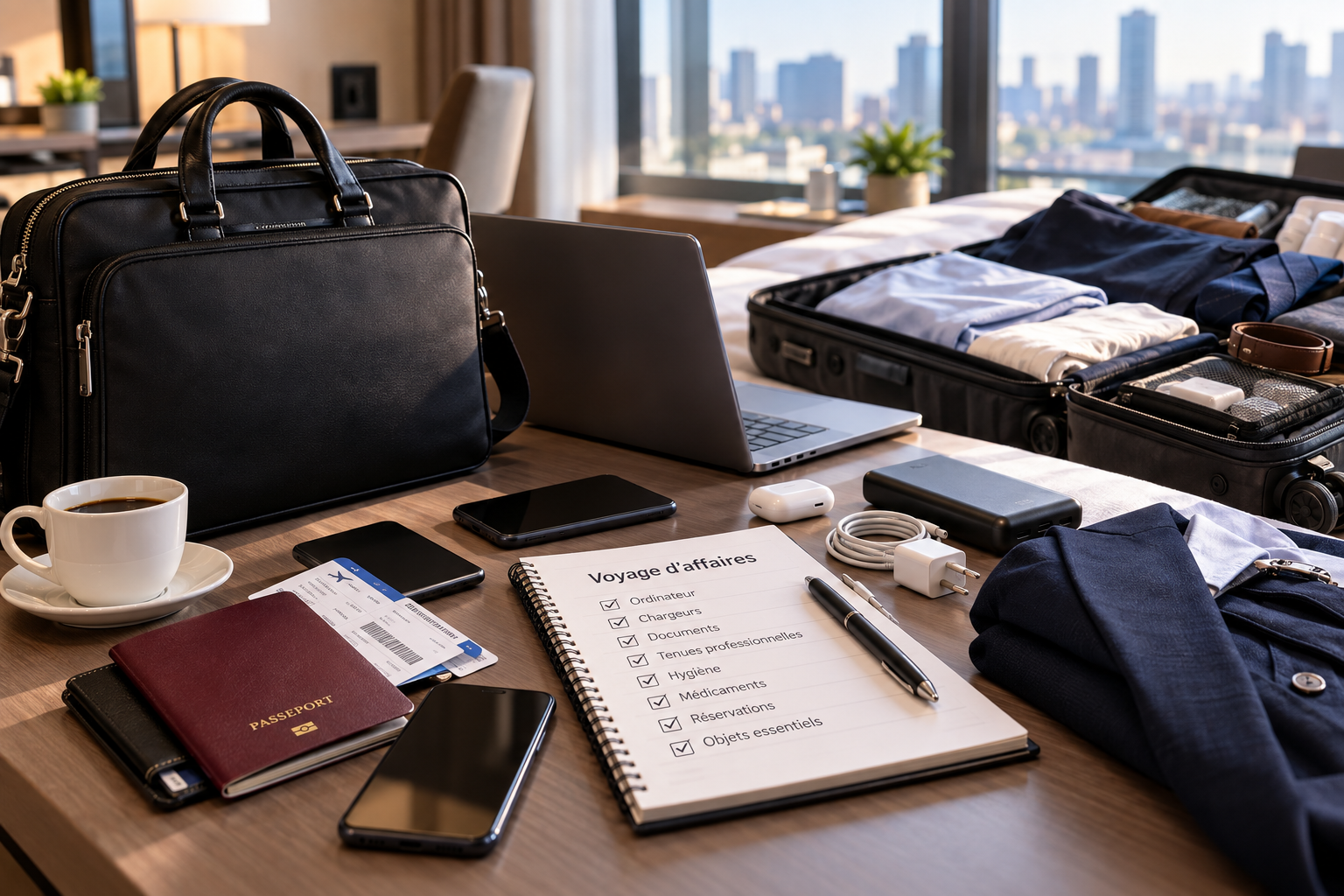 Affaires préparées pour un déplacement professionnel.